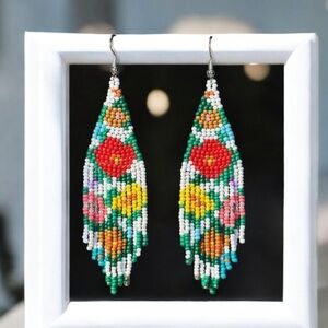Multicoloured Flowers in Bloom Beaded Tassel Earrings. New.